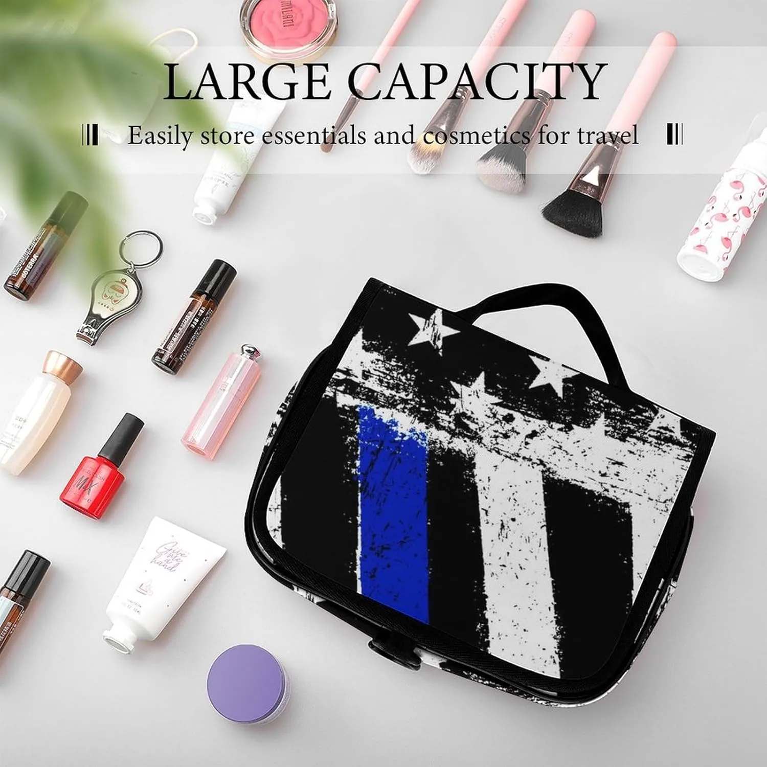 Hanging Travel Toiletry Bag with Hanging Hook - Stylish Organizer Hanging Toiletry Bag Compatible with Vintage Retro American Thin Blue Line Flag Police Pattern for Traveling Women