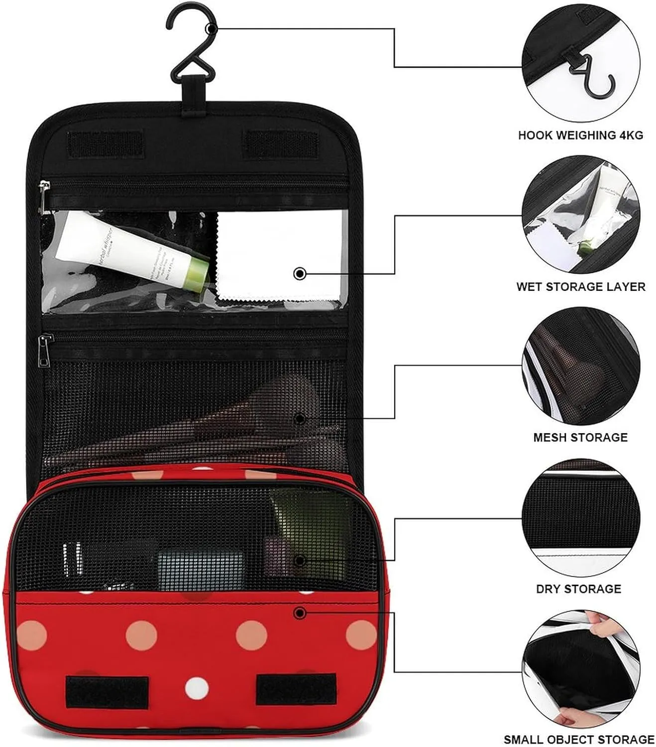 Hanging Travel Toiletry Bag with Hanging Hook - Stylish Organizer Hanging Toiletry Bag Compatible with White Red Polka Dots for Traveling Women