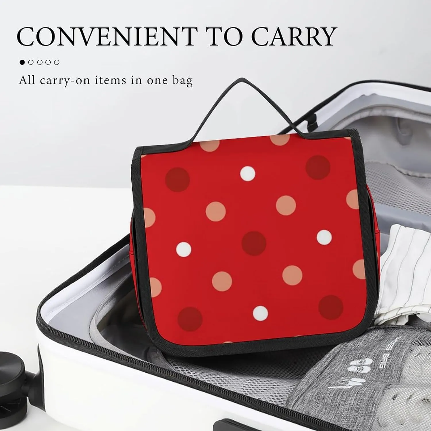 Hanging Travel Toiletry Bag with Hanging Hook - Stylish Organizer Hanging Toiletry Bag Compatible with White Red Polka Dots for Traveling Women