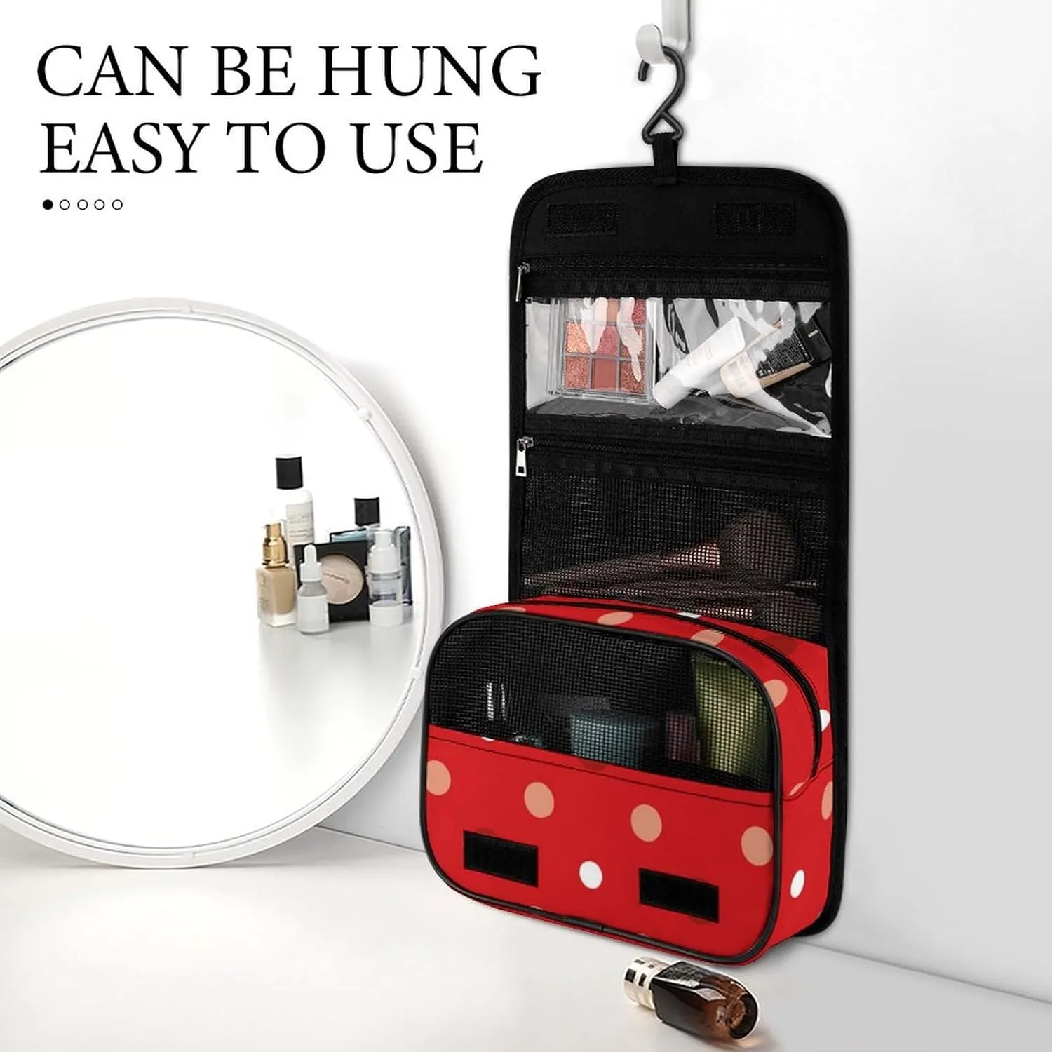 Hanging Travel Toiletry Bag with Hanging Hook - Stylish Organizer Hanging Toiletry Bag Compatible with White Red Polka Dots for Traveling Women