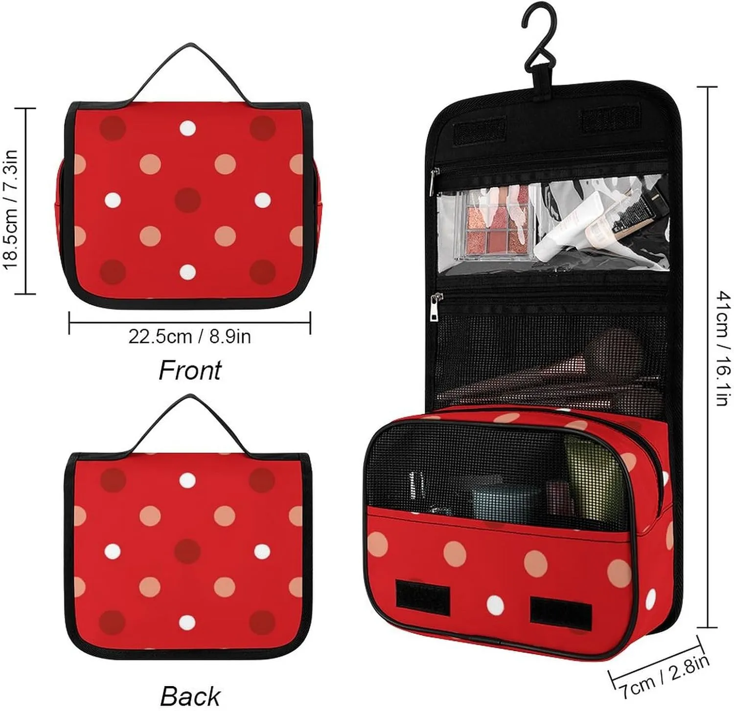 Hanging Travel Toiletry Bag with Hanging Hook - Stylish Organizer Hanging Toiletry Bag Compatible with White Red Polka Dots for Traveling Women