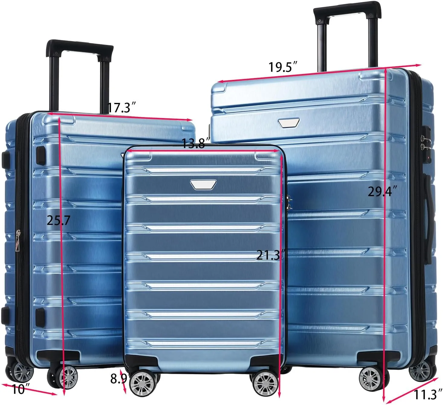 Hardshell Luggage Set 3 Piece, Durable ABS PC Travel Suitcase with Spinner Wheels for Men Women (Blue)