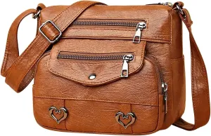 Heart Decor Crossbody Bag Vintage PU Leather Shoulder Bag Women Pockets Purse Messenger Bags Purse for (Brown, One Size)