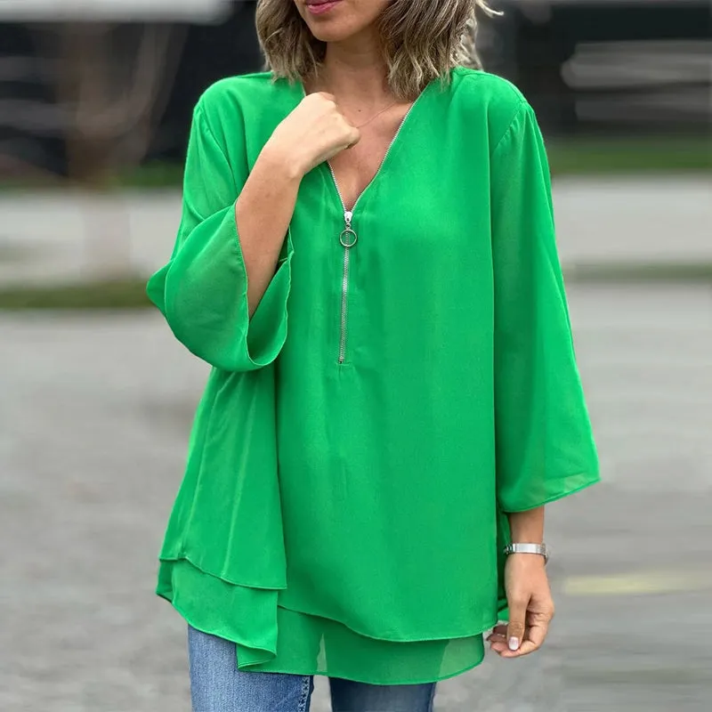 Heidi - V-Neck Flowy Zipped Top