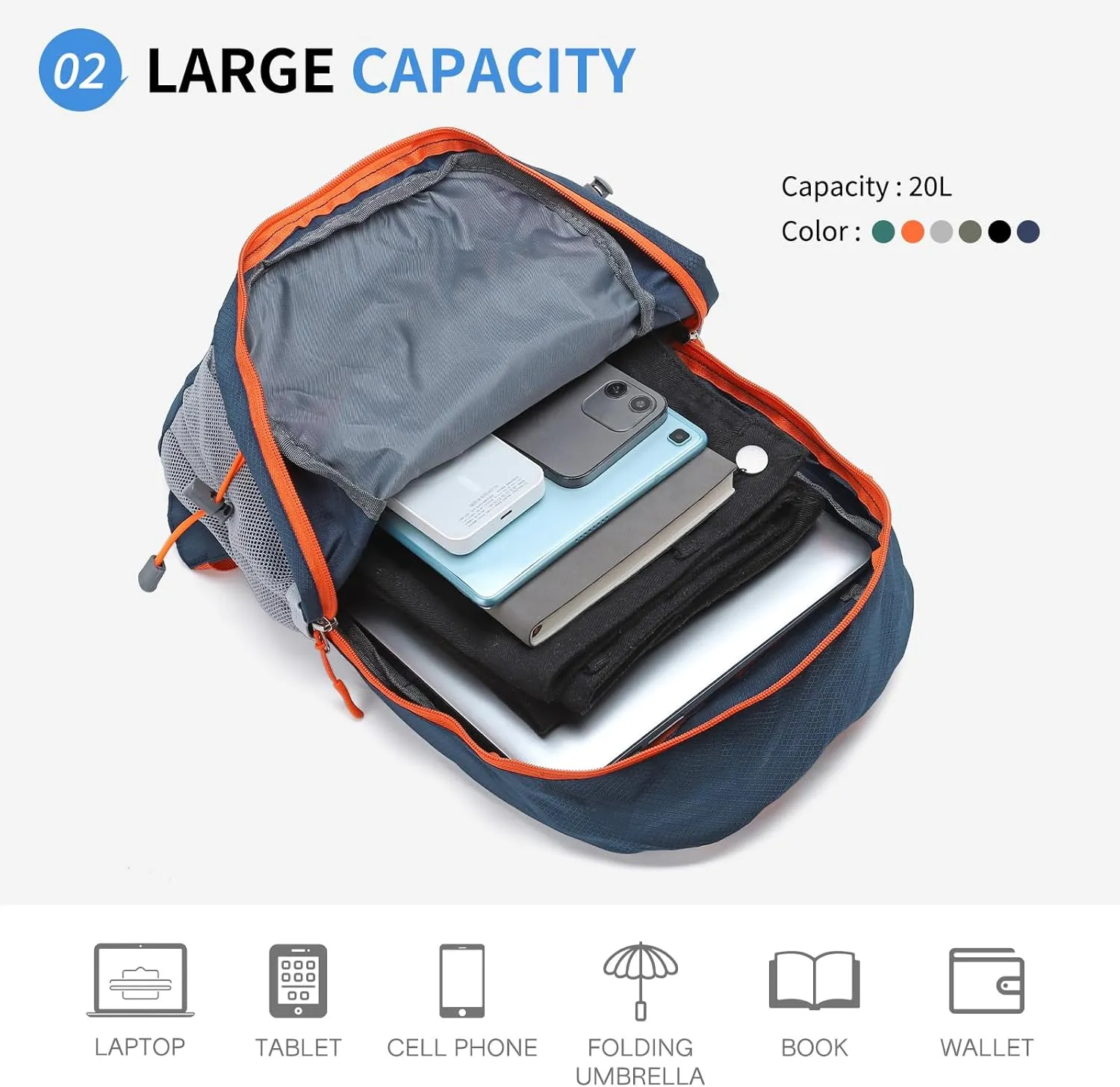 Hiking Daypack Packable, Camping Backpack Water Resistant Lightweight Polyester for Men Women Travel Outdoor