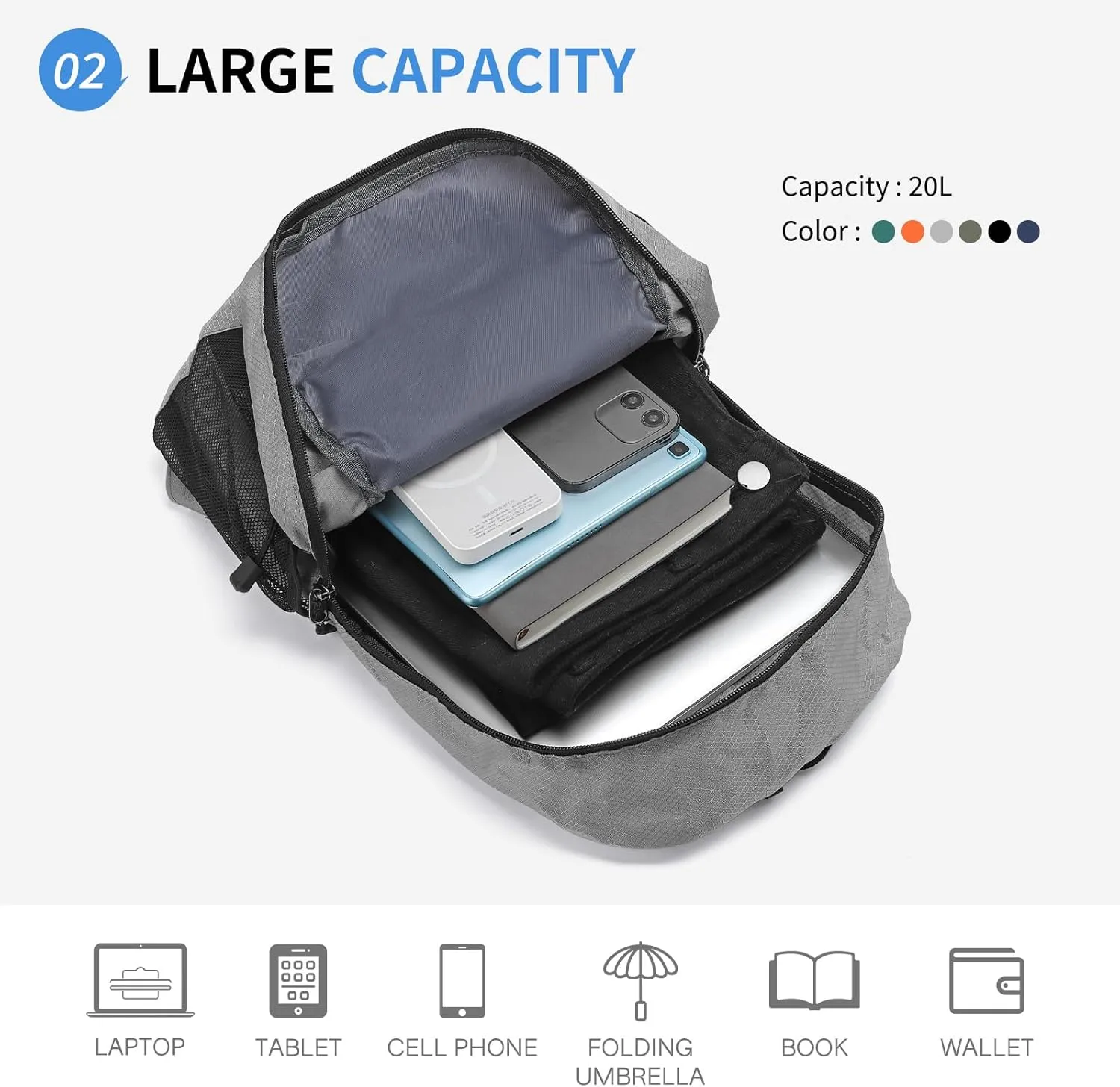 Hiking Daypack Packable, Camping Backpack Water Resistant Lightweight Polyester for Men Women Travel Outdoor