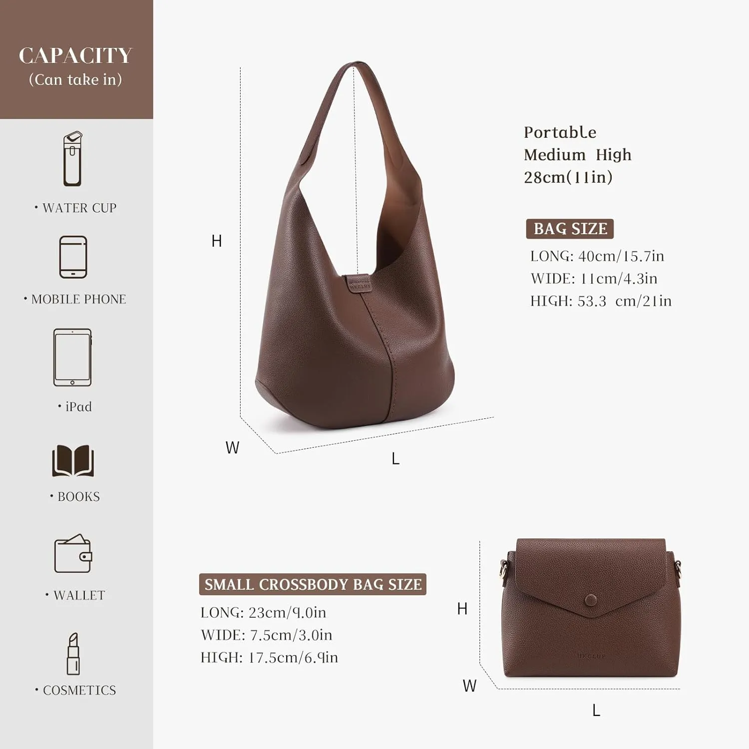 HKCLUF Hobo Bags Purses for Women 2PCS/Set,Soft Vegan Leather Slouchy Shoulder Handbags with Small Crossbody Bags for Women
