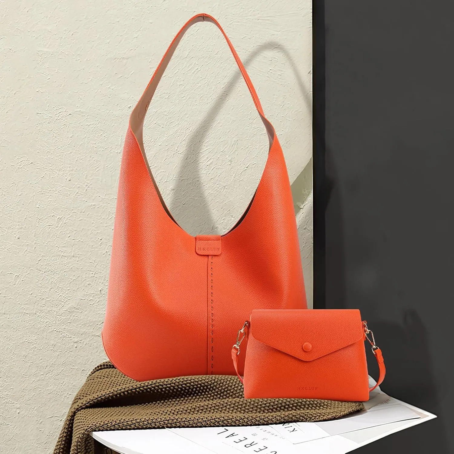HKCLUF Hobo Bags Purses for Women 2PCS/Set,Soft Vegan Leather Slouchy Shoulder Handbags with Small Crossbody Bags for Women