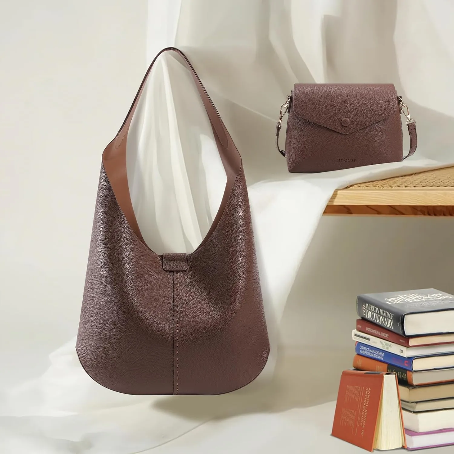 HKCLUF Hobo Bags Purses for Women 2PCS/Set,Soft Vegan Leather Slouchy Shoulder Handbags with Small Crossbody Bags for Women