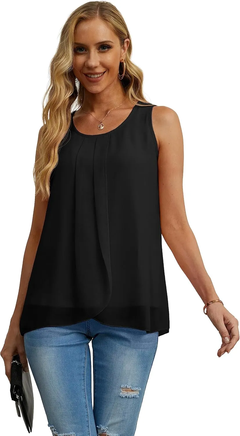 IWOLLENCE Womens Summer Tank Tops Sleeveless Chiffon Double Layers Blouse Loose Round Neck Casual Shirts