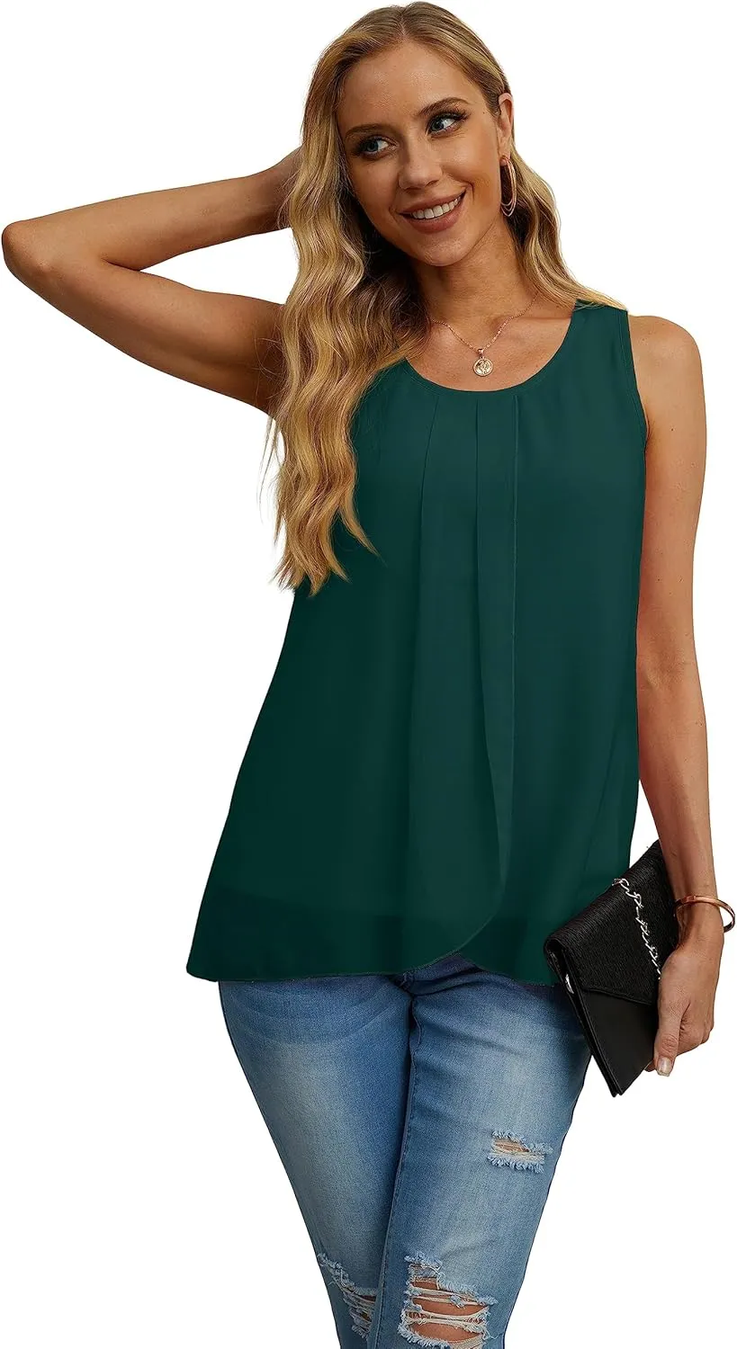 IWOLLENCE Womens Summer Tank Tops Sleeveless Chiffon Double Layers Blouse Loose Round Neck Casual Shirts