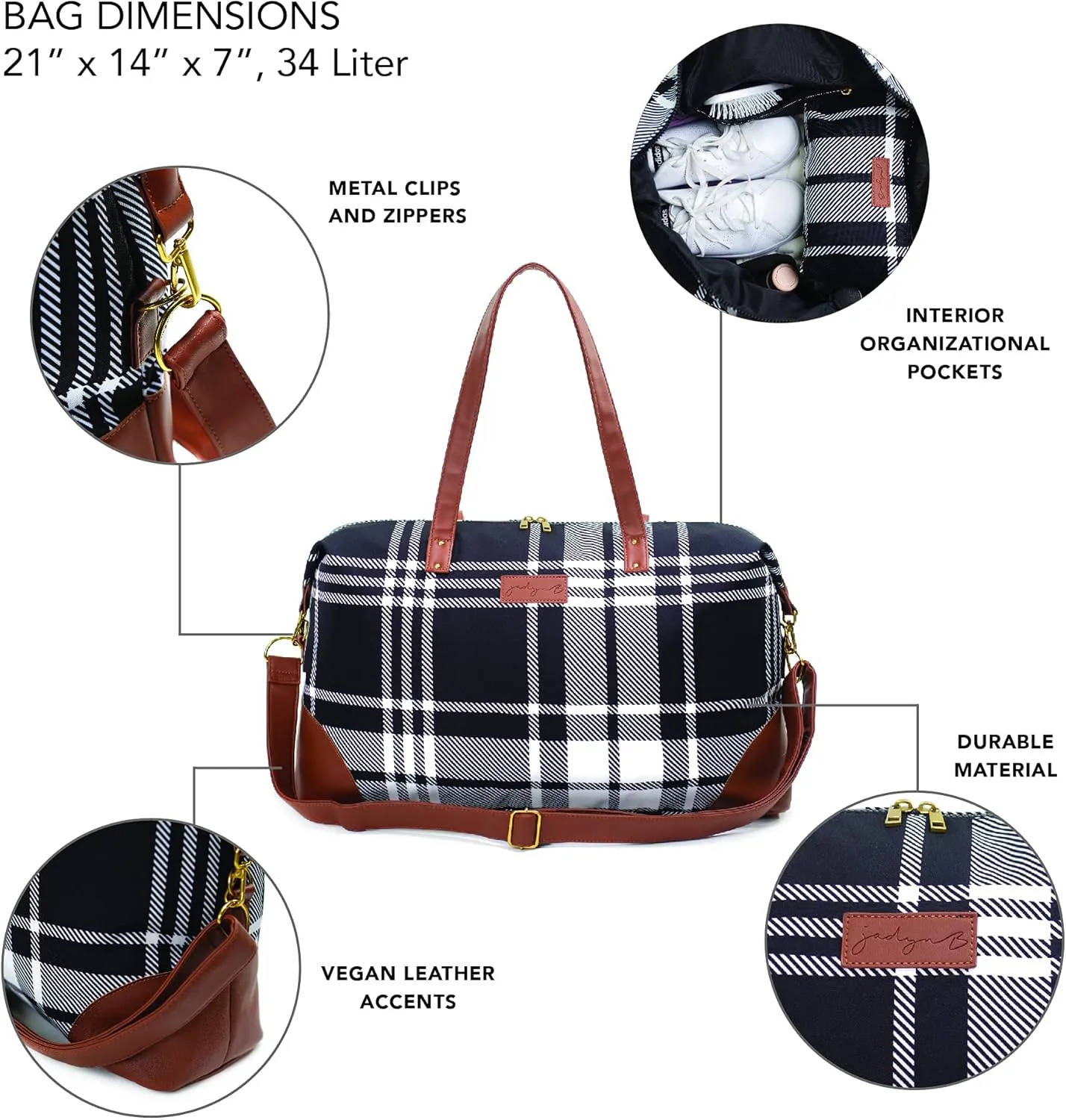 Jadyn Luna Women's Weekender Bag and Travel Duffel, Large 37 Liter Capacity (Plaid)