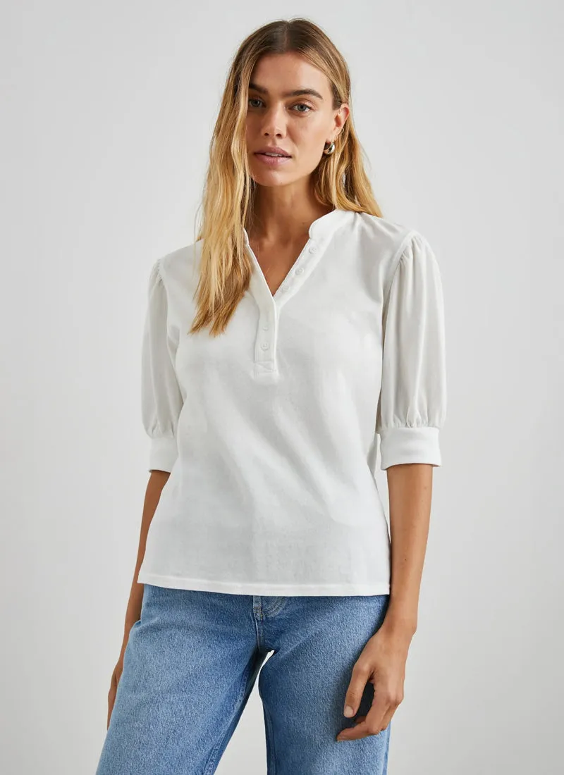 Jewel Rib Puff Sleeve Henley Blouse