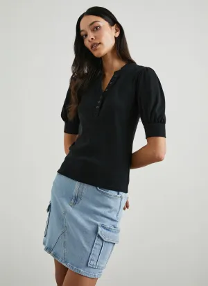 Jewel Rib Puff Sleeve Henley Blouse