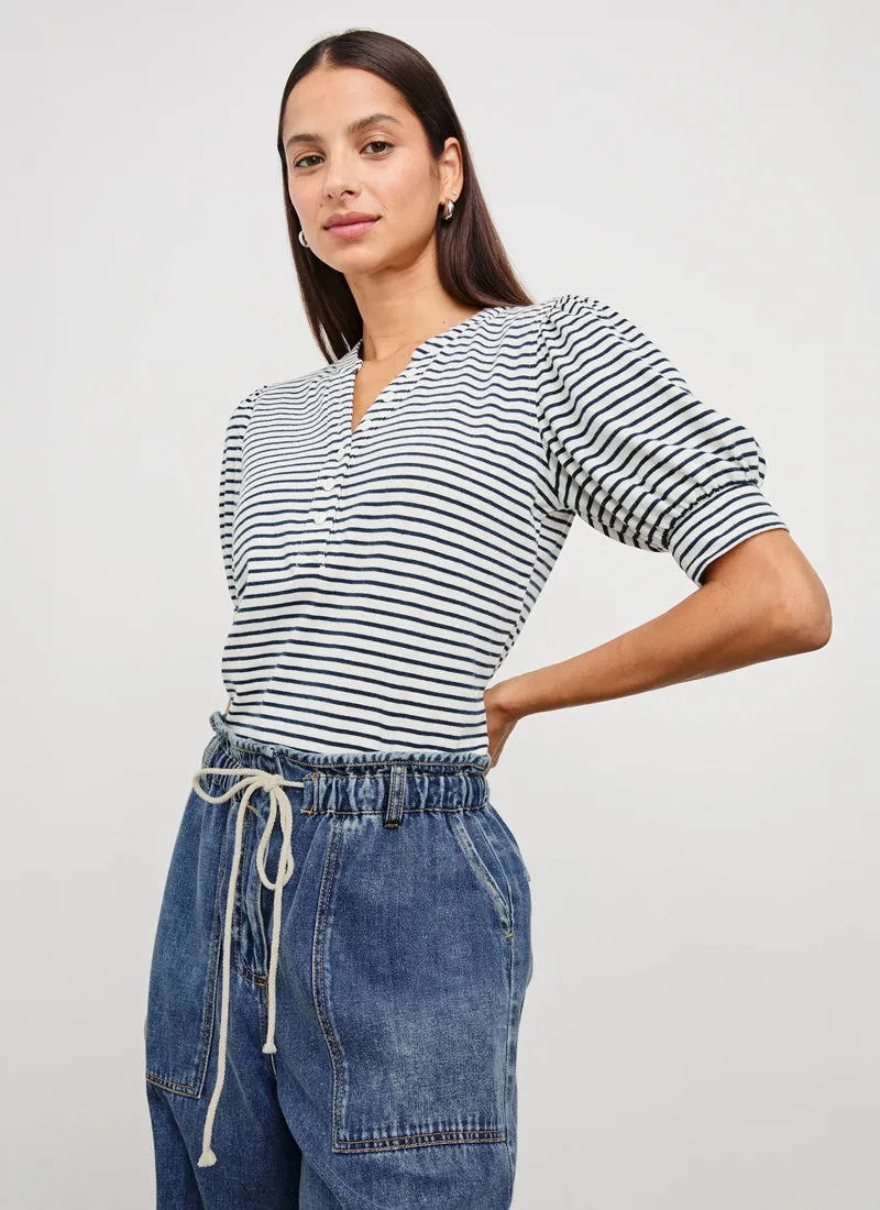 Jewel Rib Puff Sleeve Henley Blouse