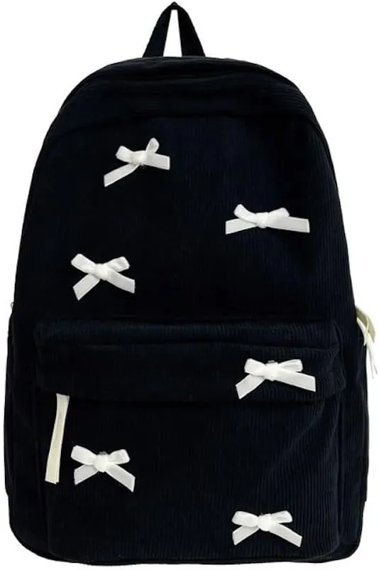JHTPSLR Coquette Corduroy Backpack Bowknot Balletcore Aesthetic Backpack Cute Preppy Backpack Laptop Backpack Mochilas (Black)