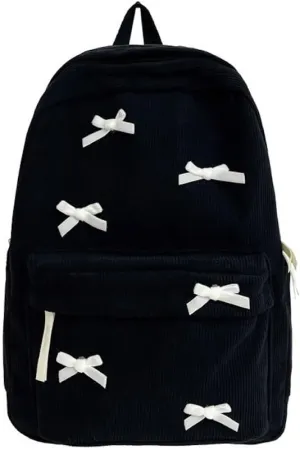 JHTPSLR Coquette Corduroy Backpack Bowknot Balletcore Aesthetic Backpack Cute Preppy Backpack Laptop Backpack Mochilas (Black)