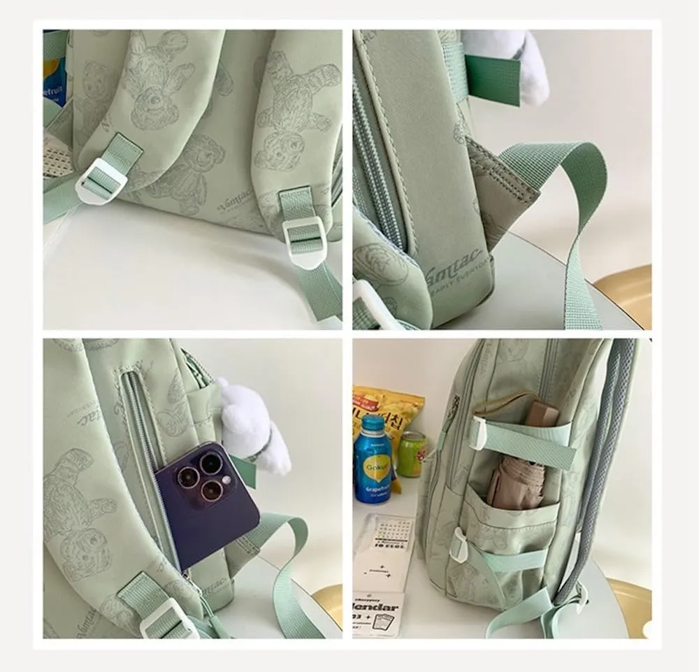 JHTPSLR Preppy Backpack Sketch Teddy Bear Backpack Cute Aesthetic Backpack with Plushies Double Zipper Book Bags Waterproof Laptop Backpack (Beige)