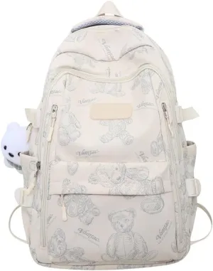 JHTPSLR Preppy Backpack Sketch Teddy Bear Backpack Cute Aesthetic Backpack with Plushies Double Zipper Book Bags Waterproof Laptop Backpack (Beige)