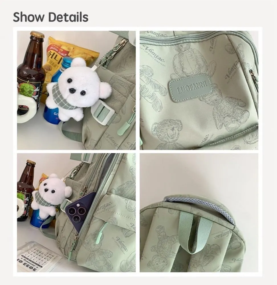 JHTPSLR Preppy Backpack Sketch Teddy Bear Backpack Cute Aesthetic Backpack with Plushies Double Zipper Book Bags Waterproof Laptop Backpack (Beige)