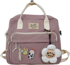 Kawaii Canvas School Backpack with Pendant, Laptop Shoulders Bag, Back to School Off to College Supplies (Pink)