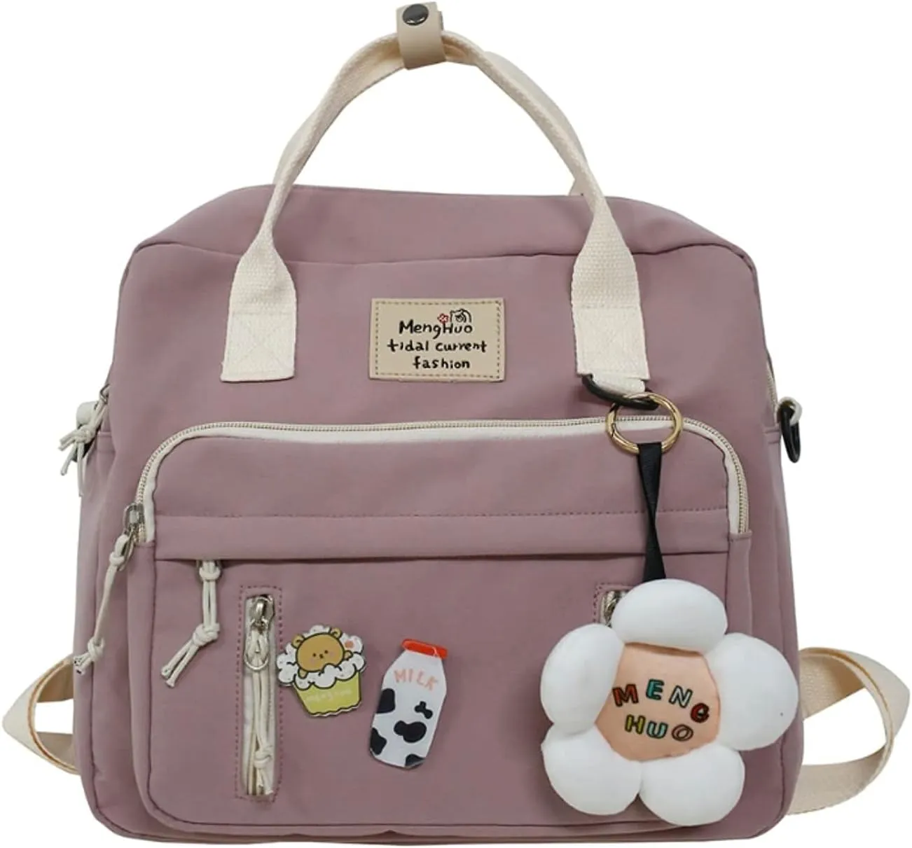 Kawaii Canvas School Backpack with Pendant, Laptop Shoulders Bag, Back to School Off to College Supplies (Pink)