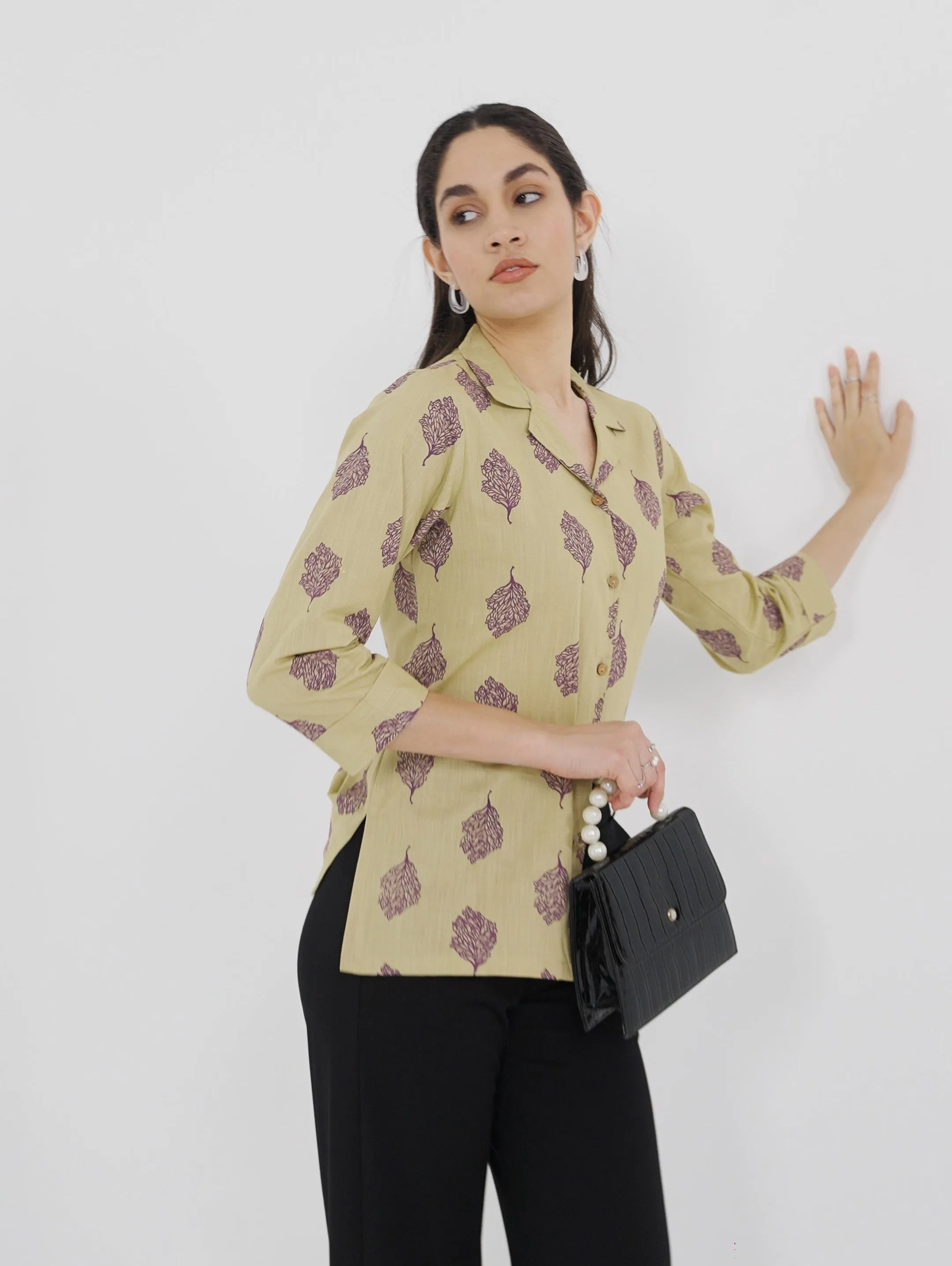 Khaki Printed Lapel Collar Shirt