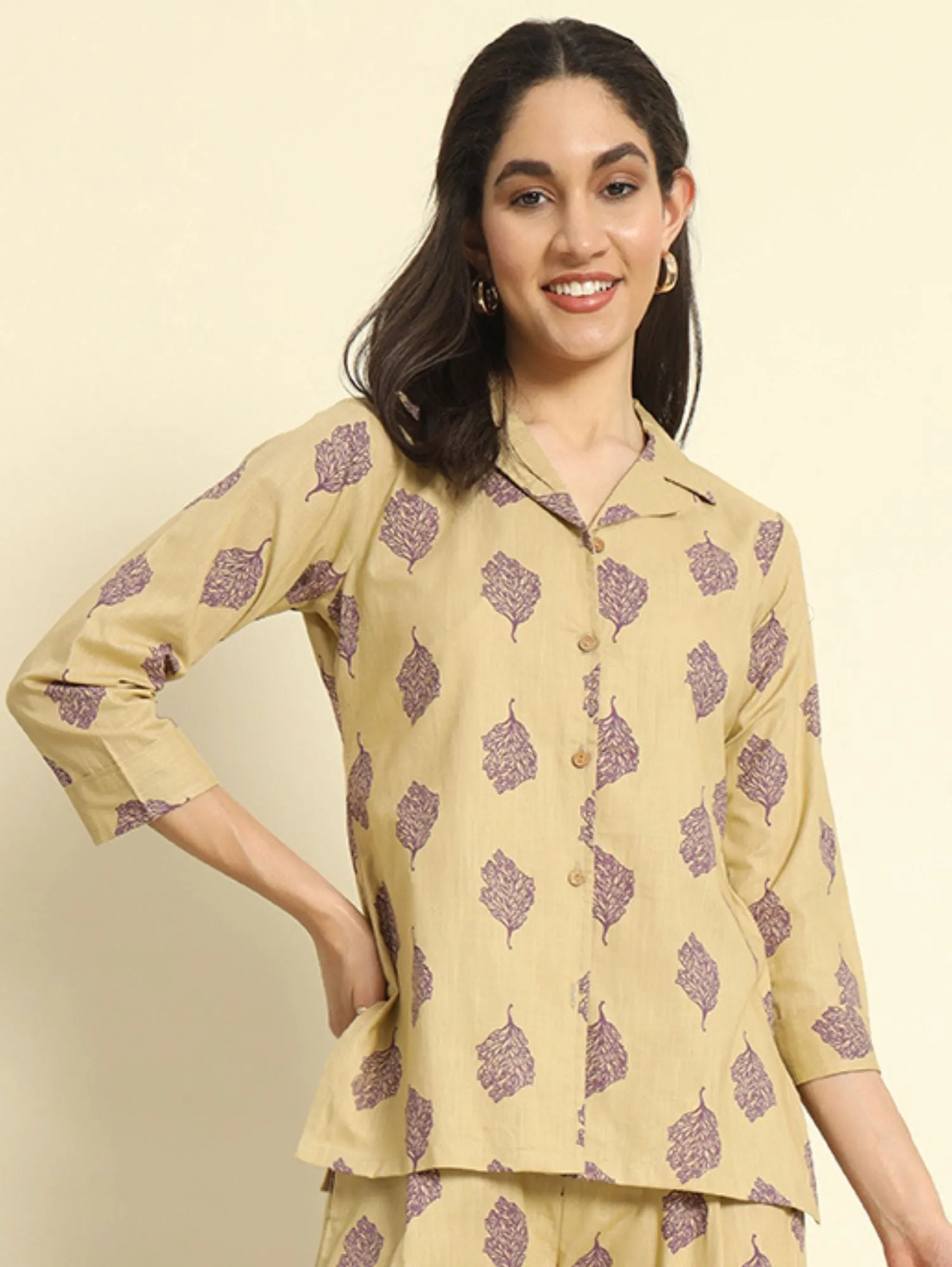 Khaki Printed Lapel Collar Shirt