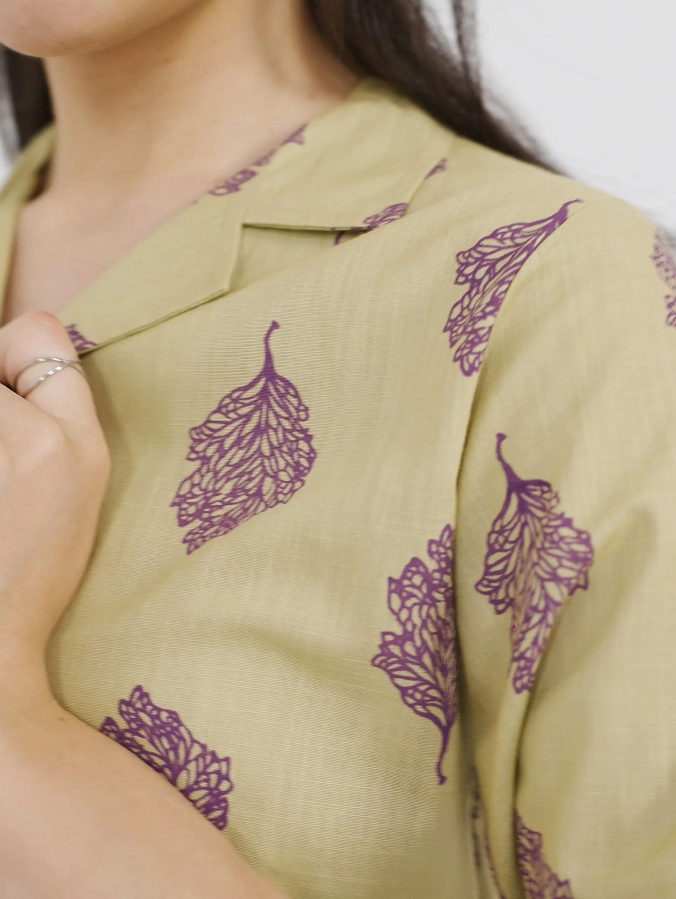 Khaki Printed Lapel Collar Shirt
