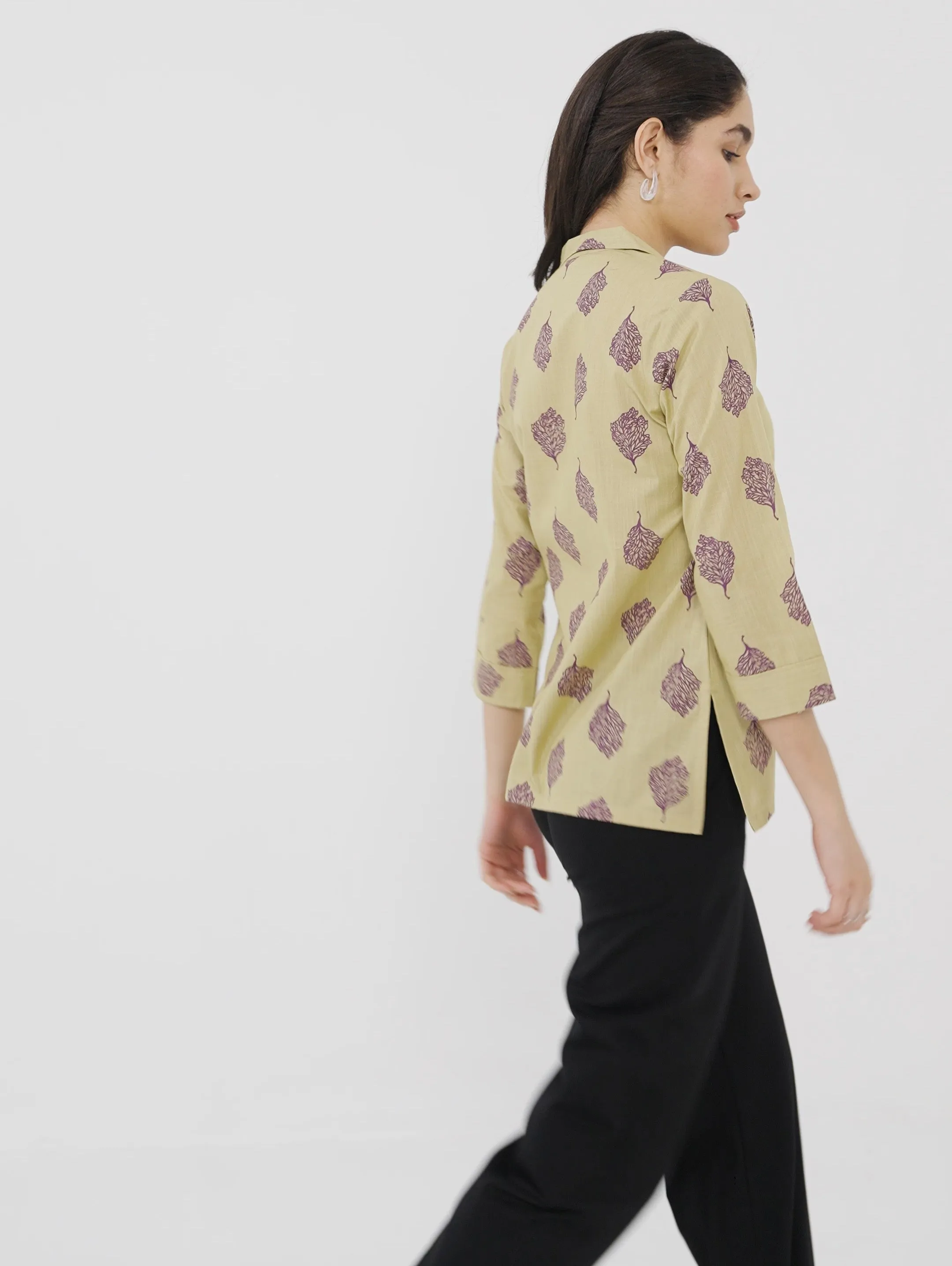 Khaki Printed Lapel Collar Shirt
