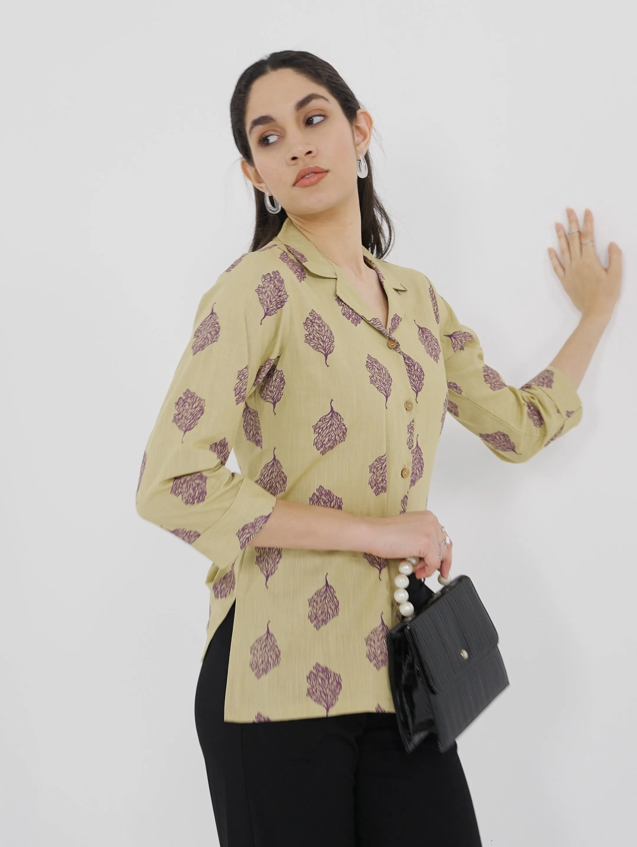 Khaki Printed Lapel Collar Shirt