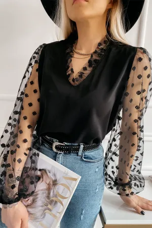 Lace Contrast V Neck Puffy Sleeve Blouse