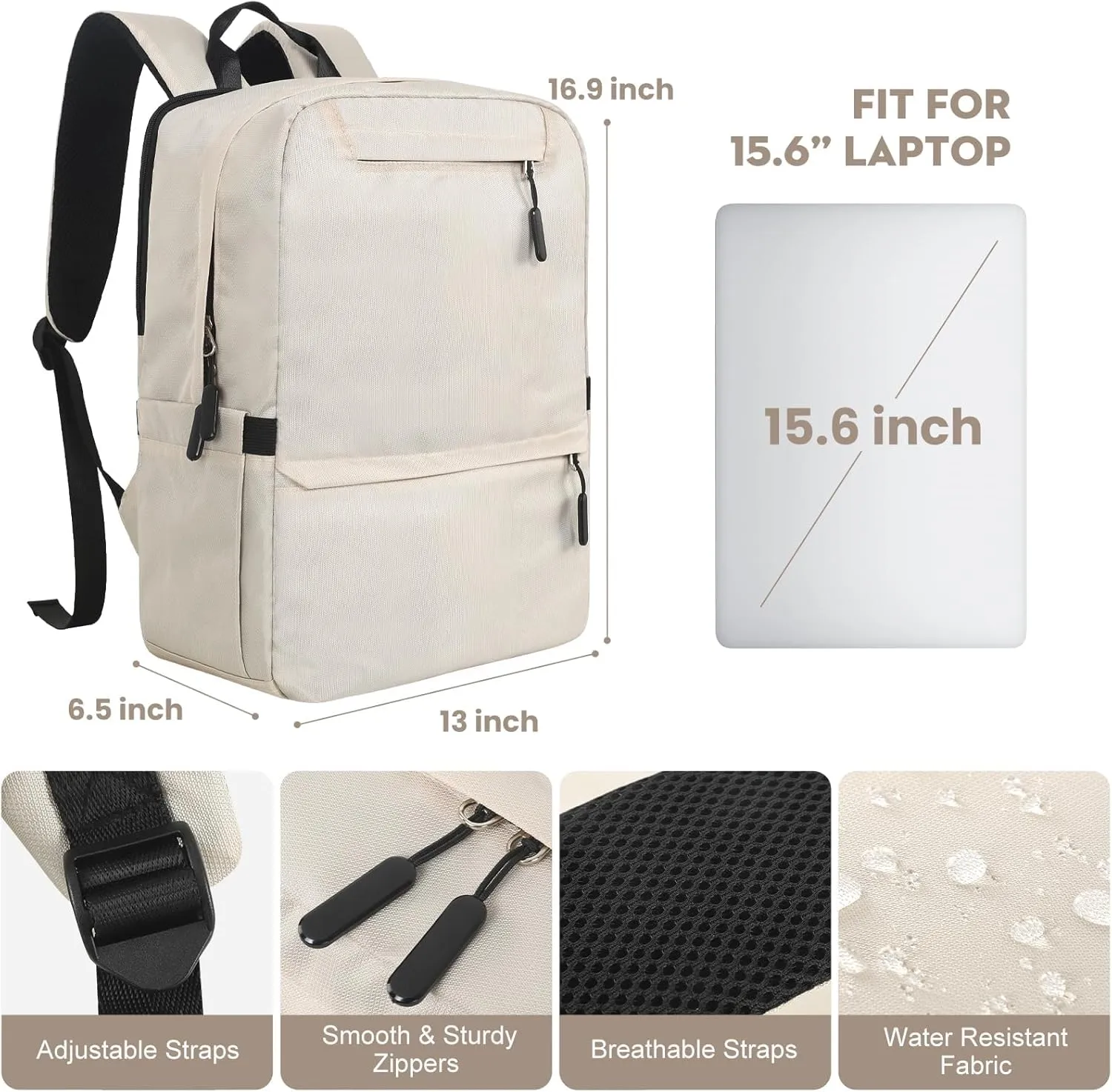 Laptop Backpack, Computer Bag with 2 Compartments, Ergonomic Shoulder Straps, 15.6 Inch Laptop Sleeve, Haul Handle, Book Backpacks, Bookbag for Women, School Backpacks for Teens (Cream)
