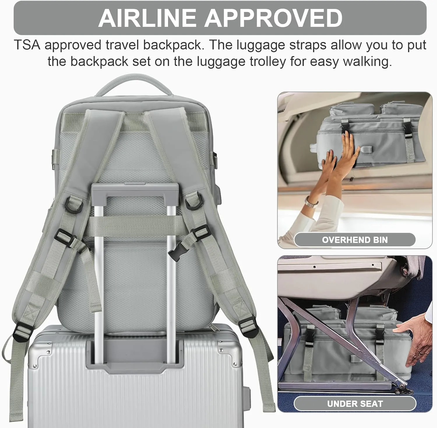 Laptop Backpack for Men Women, Flight Approved Travel Backpack Business Backpack with USB Charging Port, Casual Daypack College Computer Backpacks, Grey