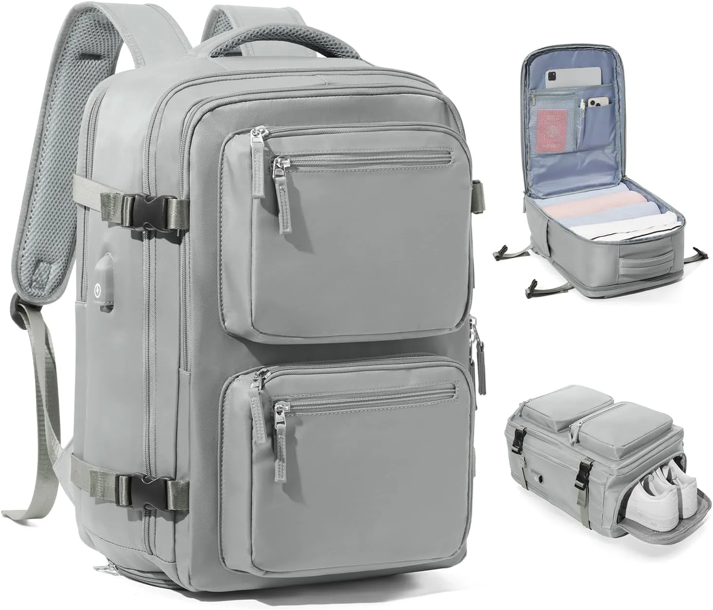 Laptop Backpack for Men Women, Flight Approved Travel Backpack Business Backpack with USB Charging Port, Casual Daypack College Computer Backpacks, Grey