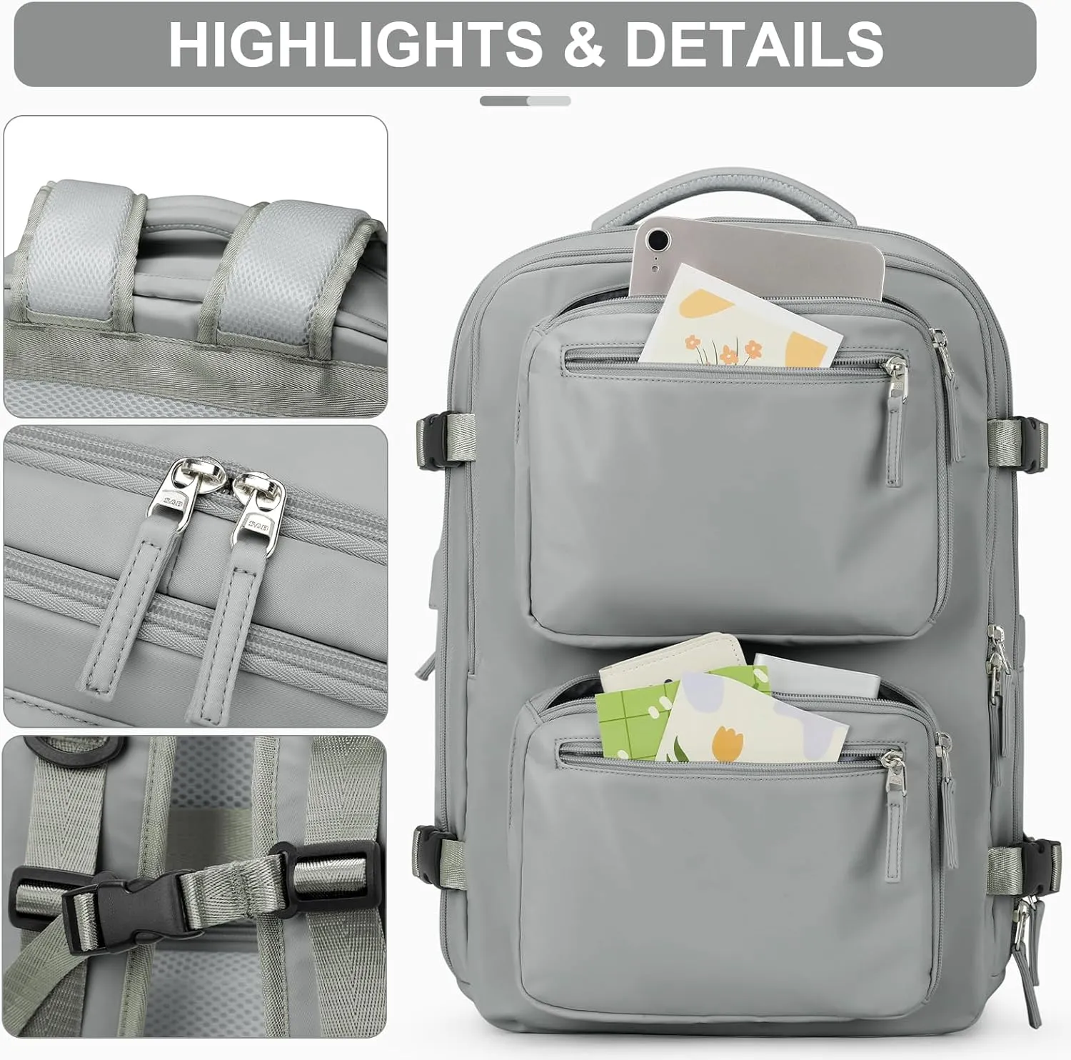 Laptop Backpack for Men Women, Flight Approved Travel Backpack Business Backpack with USB Charging Port, Casual Daypack College Computer Backpacks, Grey