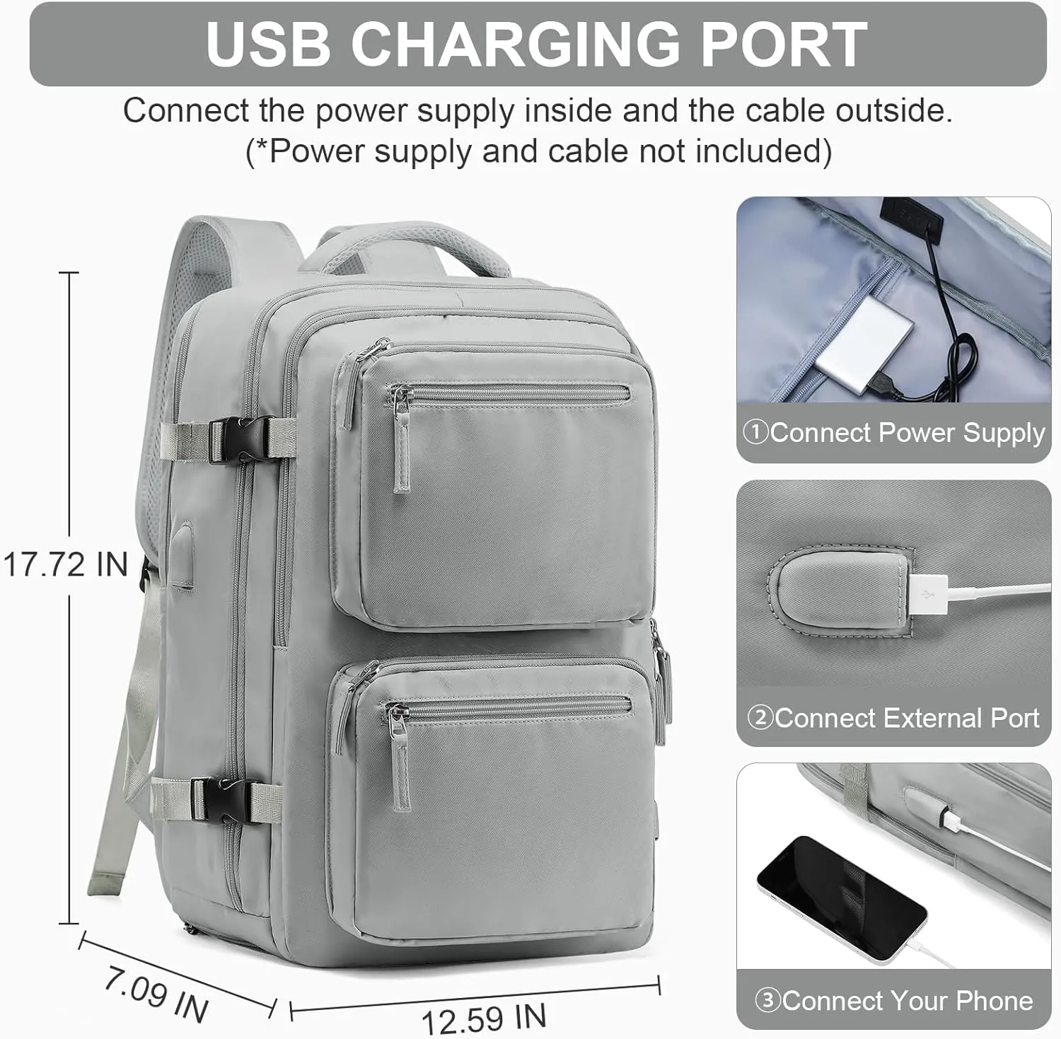Laptop Backpack for Men Women, Flight Approved Travel Backpack Business Backpack with USB Charging Port, Casual Daypack College Computer Backpacks, Grey