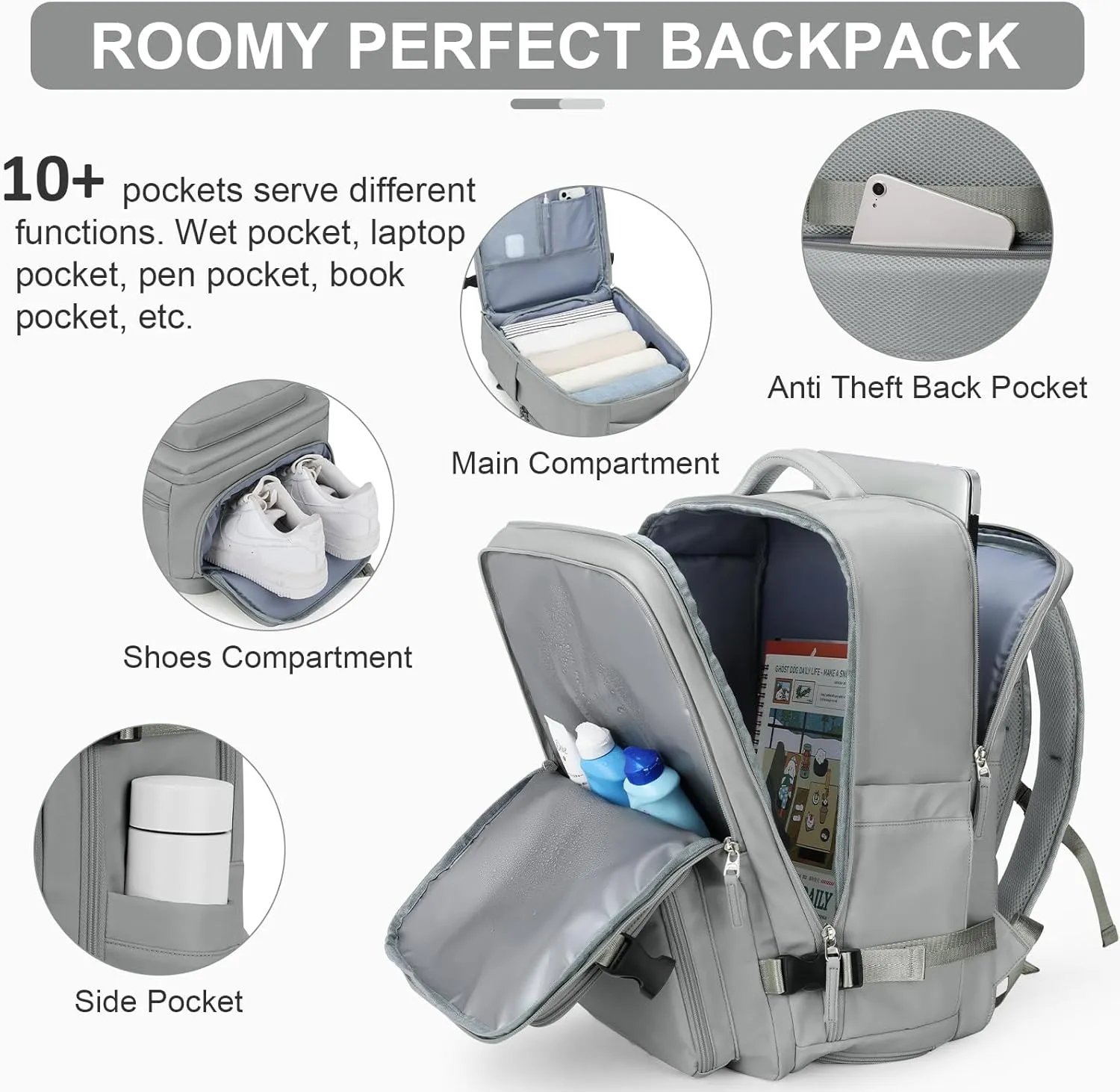 Laptop Backpack for Men Women, Flight Approved Travel Backpack Business Backpack with USB Charging Port, Casual Daypack College Computer Backpacks, Grey