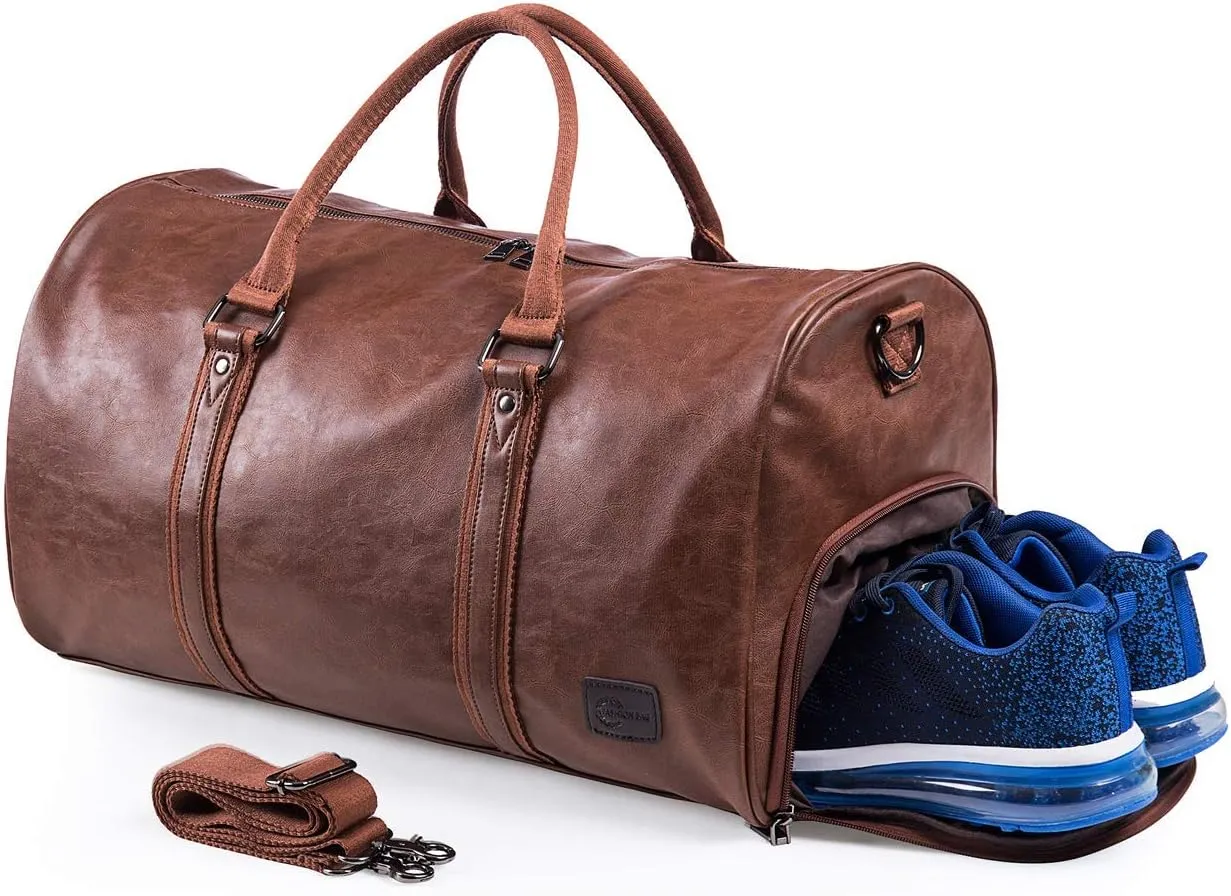 Leather Travel Bag with Shoe Pouch, Waterproof Weekender Overnight Bag,Carry On Duffel Bag for Men Women-Brown