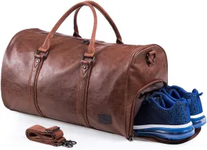 Leather Travel Bag with Shoe Pouch, Waterproof Weekender Overnight Bag,Carry On Duffel Bag for Men Women-Brown