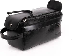 Leather travel cosmetic bag, bathroom toiletries storage bag (Black)