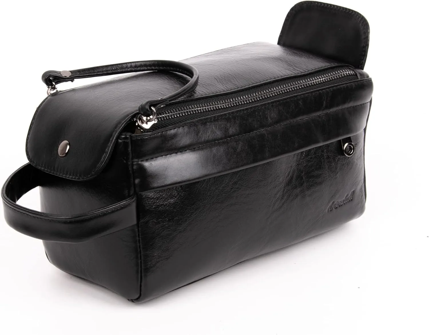 Leather travel cosmetic bag, bathroom toiletries storage bag (Black)