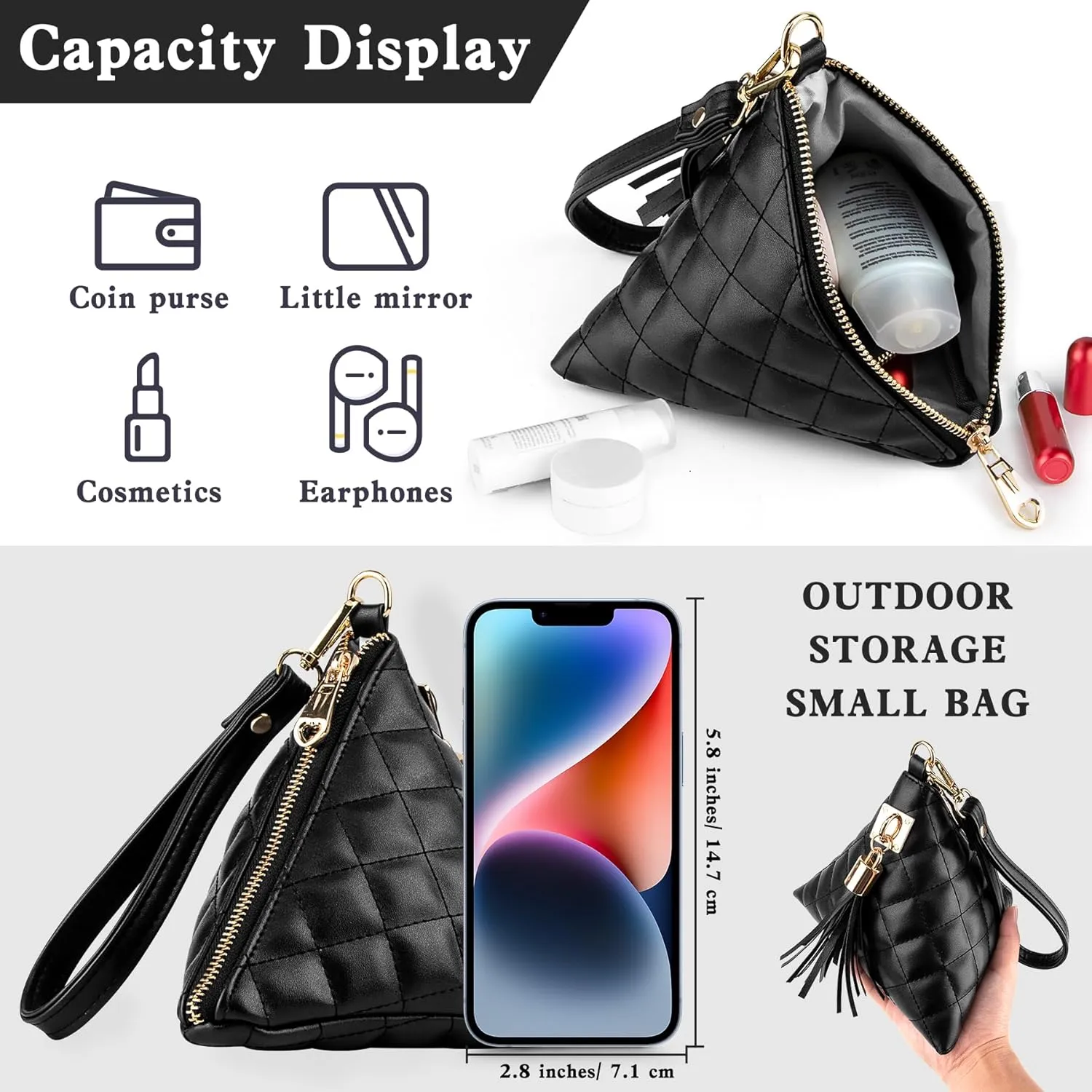 Leather Triangle Wristlet Clutch Purse Handbag - Cool Pyramid Evening Cocktail Pouch Wallet Detachable Strap & Tassel Charm