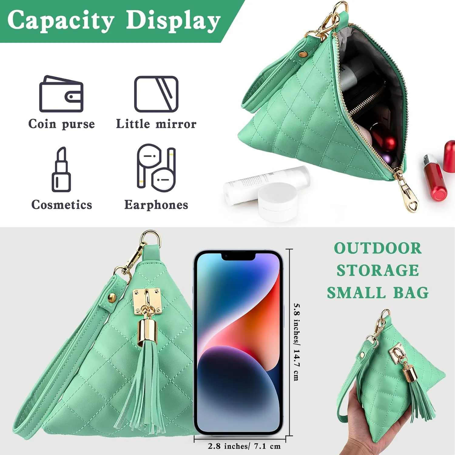 Leather Triangle Wristlet Clutch Purse Handbag - Cool Pyramid Evening Cocktail Pouch Wallet Detachable Strap & Tassel Charm
