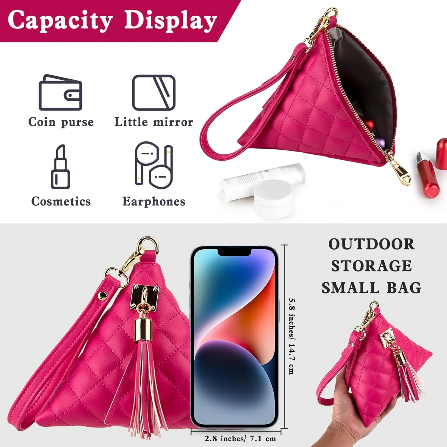 Leather Triangle Wristlet Clutch Purse Handbag - Cool Pyramid Evening Cocktail Pouch Wallet Detachable Strap & Tassel Charm