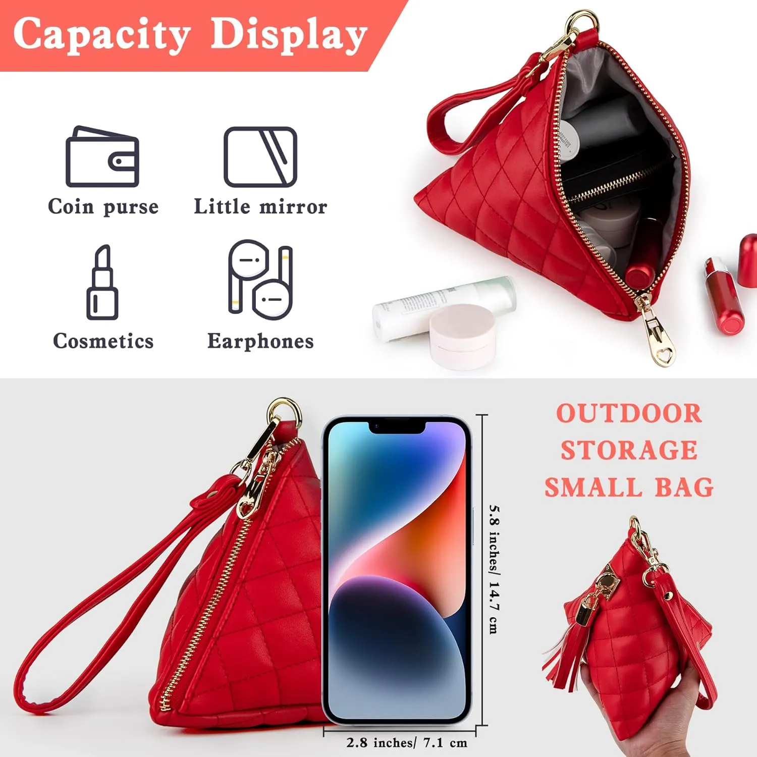 Leather Triangle Wristlet Clutch Purse Handbag - Cool Pyramid Evening Cocktail Pouch Wallet Detachable Strap & Tassel Charm