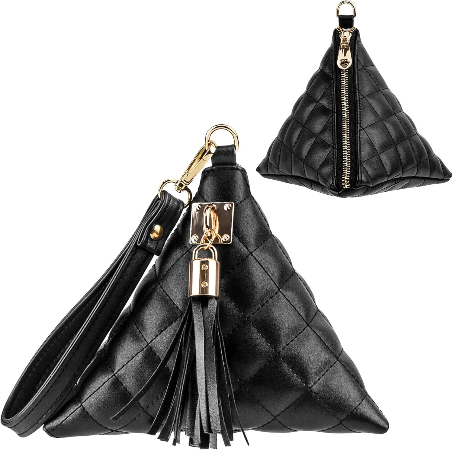 Leather Triangle Wristlet Clutch Purse Handbag - Cool Pyramid Evening Cocktail Pouch Wallet Detachable Strap & Tassel Charm