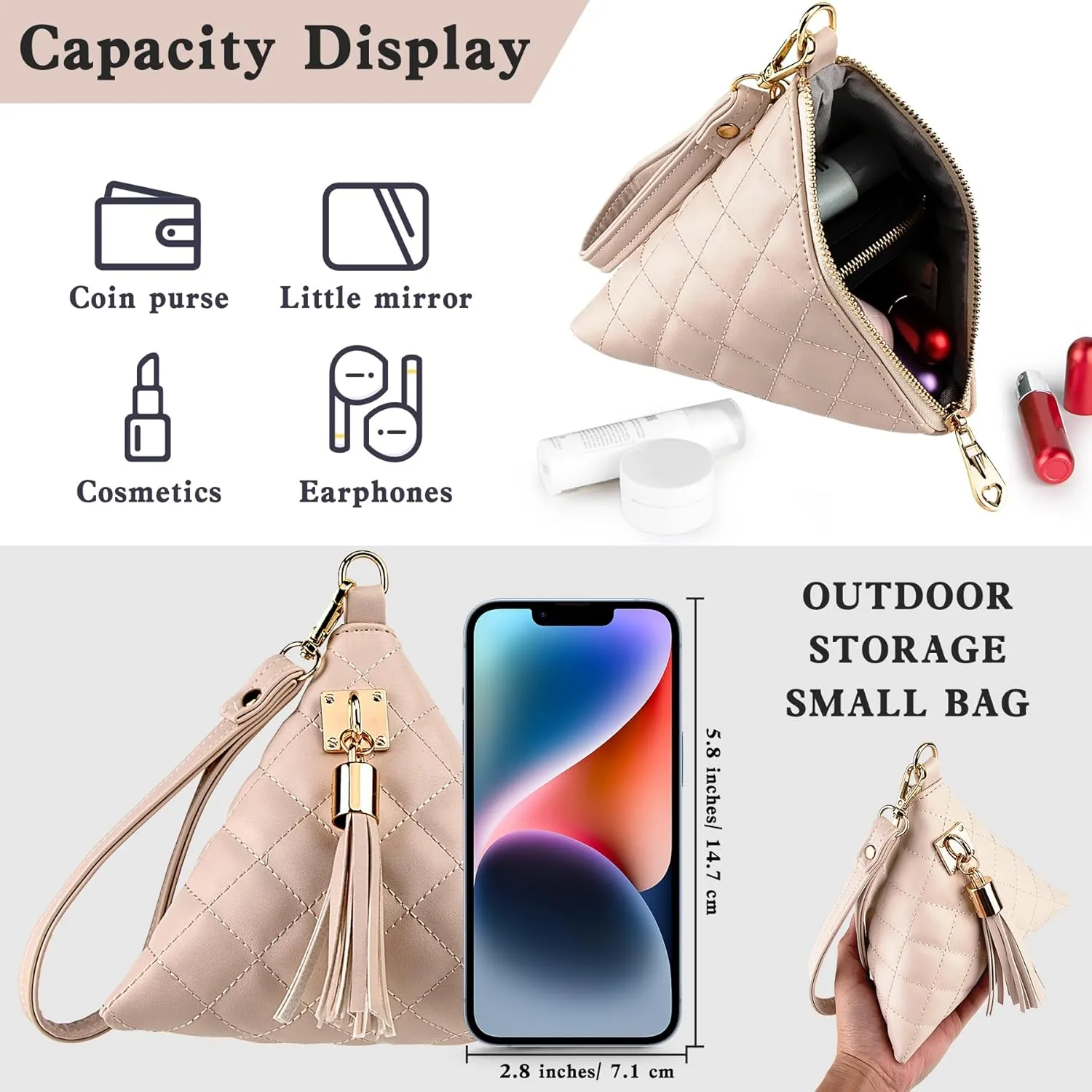 Leather Triangle Wristlet Clutch Purse Handbag - Cool Pyramid Evening Cocktail Pouch Wallet Detachable Strap & Tassel Charm