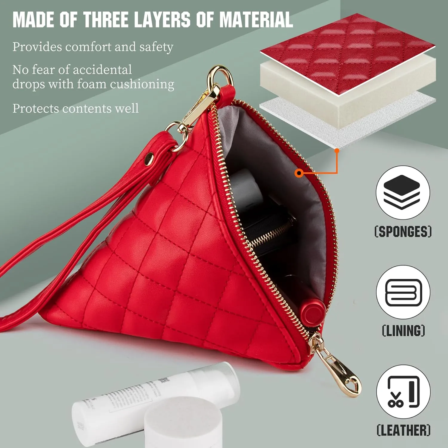 Leather Triangle Wristlet Clutch Purse Handbag - Cool Pyramid Evening Cocktail Pouch Wallet Detachable Strap & Tassel Charm