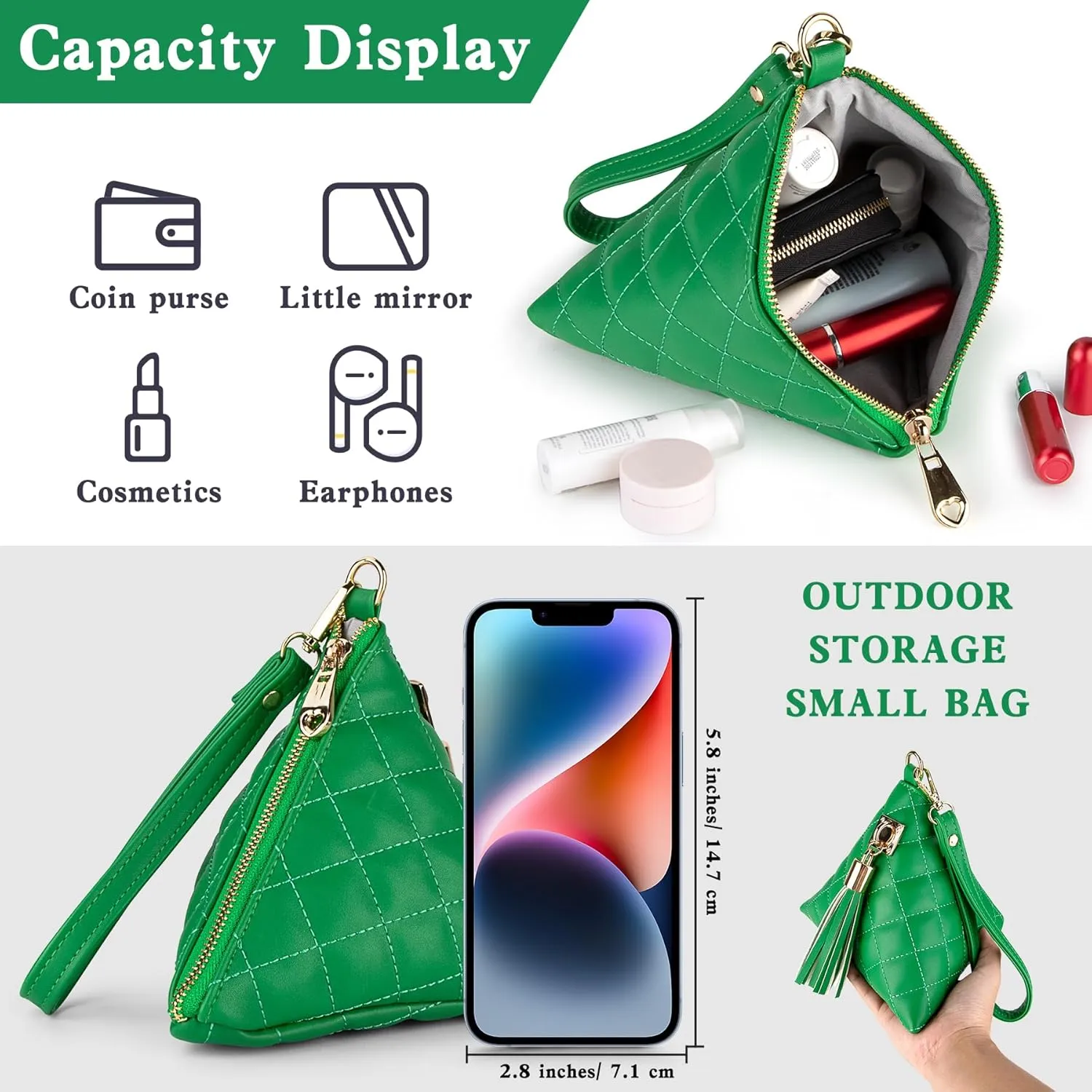 Leather Triangle Wristlet Clutch Purse Handbag - Cool Pyramid Evening Cocktail Pouch Wallet Detachable Strap & Tassel Charm